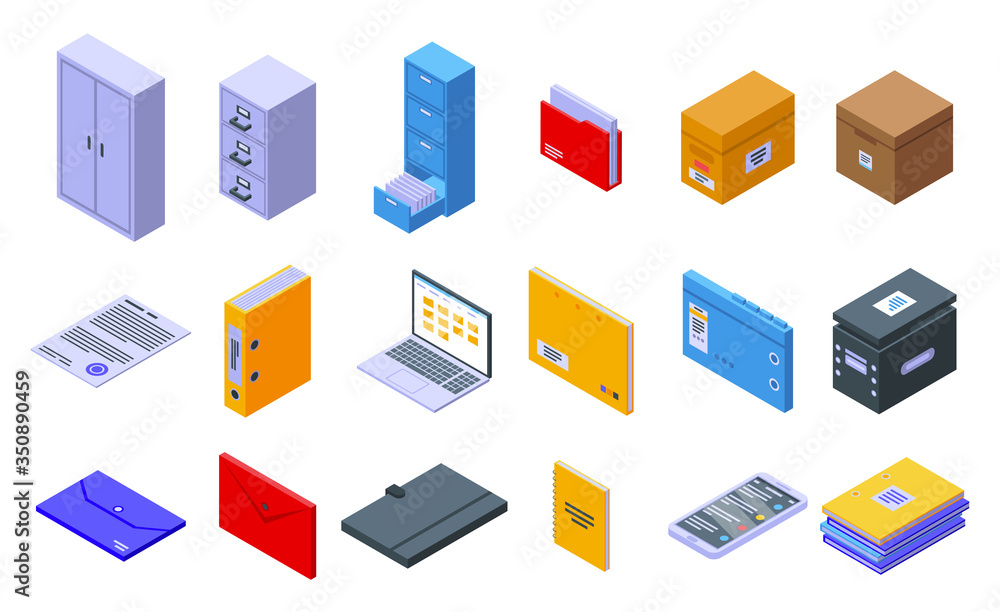 Poster storage of documents icons set. isometric set of storage of documents vector icons for web design is