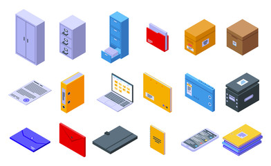 Storage of documents icons set. Isometric set of storage of documents vector icons for web design isolated on white background