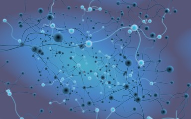 Neural network. Social network. Futuristic blue background. Abstract molecule, cell illustration, mycelium. Hi tech purple background. 3D illustration