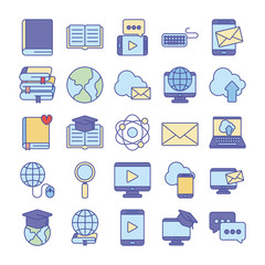 Education online line and fill style icon set vector design