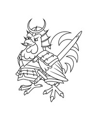 Samurai Chicken or Rooster in armor of japanese warrior and with sword. Ninja Cock Mascot for fast food restaurant or sushi and fried meat delivery. Logo character illustration. Coloring page line art