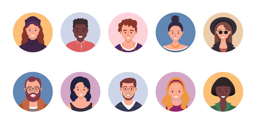 People avatar bundle set. User portraits. Different human face icons. Male and female characters. Smiling men and women characters. Flat cartoon style vector illustration