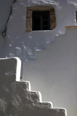 Greece, Antiparos island, detail from house with exterior stairway in the main town.