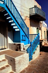 Exterior staircase of traditional house in Antiparos, Cyclades islands, Greece.