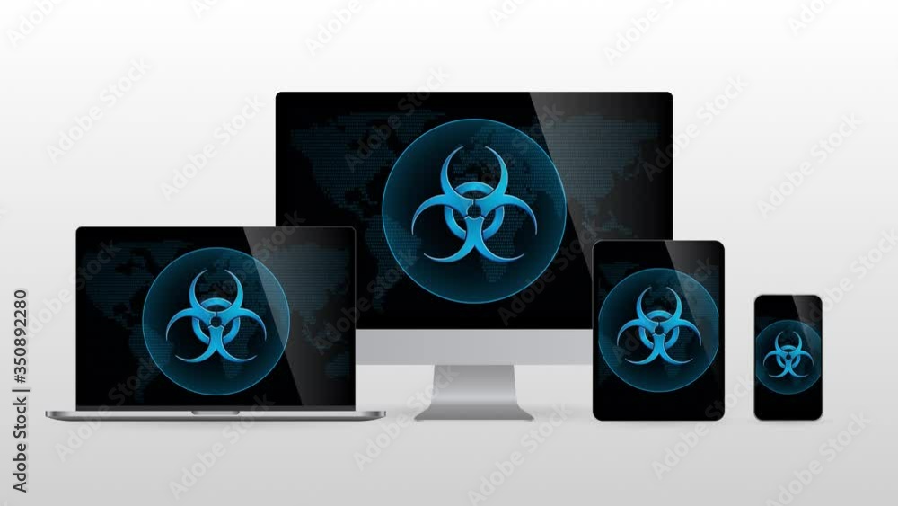 Poster digital world devices with virus attack. realistic set of computer monitors with virus icon in scree