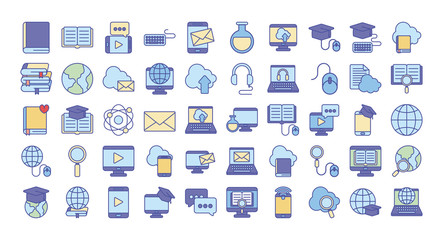 Education online line and fill style icon set vector design