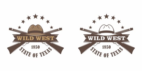 Set of color illustrations cowboy hat, crossed guns, stars, ribbon with text on a white background. Vector illustration on the theme of the wild west. American Western.
