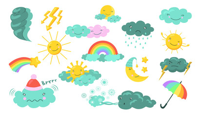 Weather cartoon characters. Cute cloud, sun with face, rainbow, moon, rain, star, lightning, umbrella, wind. Vector illustration for sunny or rainy weather, summer or winter, nature, planet topics
