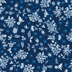 Classic Blue Chinoiserie Vector Seamless Pattern