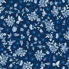 Fotobehang Blauw wit Klassiek blauw chinoiserie vector naadloos patroon