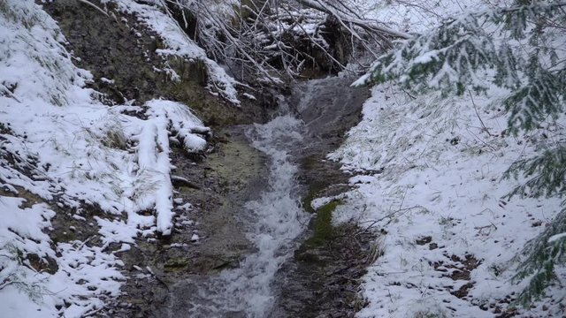 Winter Mountain Stream. Forest Stream. Mountain River. Beauty in nature.Winter Landscape. A small mountain stream in the winter. Snowy Creek. 4k video. part3