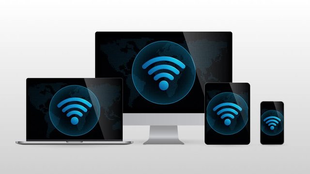 Digital world devices with wireless internet connection. Realistic set of computer monitors with Wi-Fi icon in screen and light gradient background.