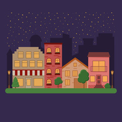Summer in the town. Night street in the city. Vector illustration. Flat