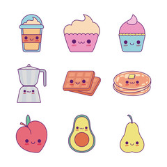 Kawaii food cartoons line and fill style icon set vector design