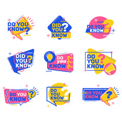 Do you know questions set. Colorful speech bubbles with megaphones, idea bulbs and text. Vector illustrations for marketing, sale, buying concept