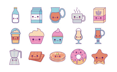 Kawaii food cartoons line and fill style icon set vector design
