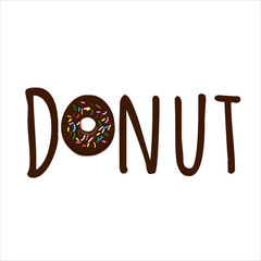 Donut text in cartoon style with symbol donut isolated on white