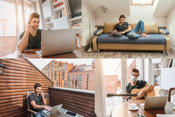 collage of man in headset sitting at table and lying on sofa, talking on smartphone on balcony, and man in medical mask playing guitar near laptop