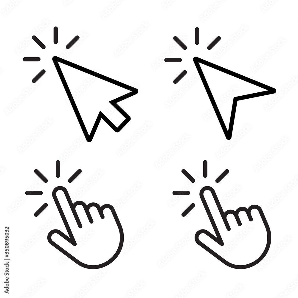 Poster hand and arrow click icon set. outline press here pointer