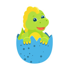 Cute cartoon vector childish green baby dinosaur for kids in egg.