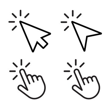 Hand and arrow click icon set. Outline press here pointer 