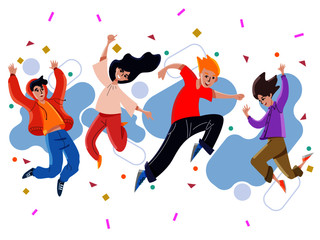 group of people jumpig. young and happy. teenager having fun. vector and illustration.