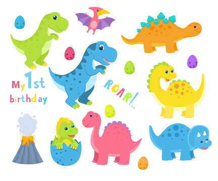 Clip art with cute cartoon vector dinosaurs for kids