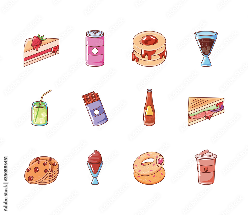 Sticker set of icons food on white background