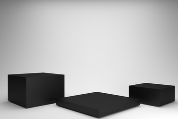 three levels of black Empty display podium box stand on white background Blank product showcase shelf 3D rendering