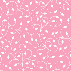 Swirl branches with leaves vetor seamless pattern pink and white. Great for wallpaper, backgrounds, invitations, packaging, design projects, textile scrapbooking .