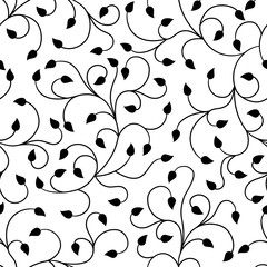 Swirl branches with leaves vetor seamless pattern black and white Great for wallpaper, backgrounds, invitations, packaging, design projects, textile scrapbooking .
