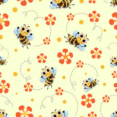 Obraz na płótnie Canvas Funny bees. Flowers. Swarm bees meadow. Wild bee fly among the flowers. Background, seamless pattern
