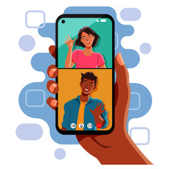videocall concep. friends video calling on smartphone. vector and illustration.