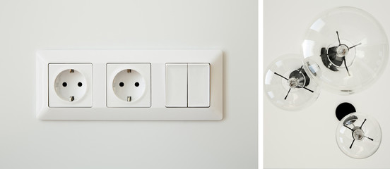 collage of power sockets near switch and light bulbs