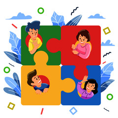 puzzle cooperation concept. working together. solve problem. vector and illustration.