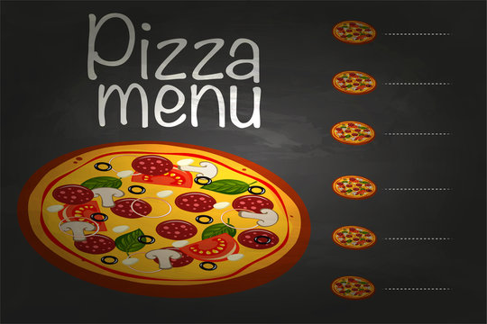 Pizza menu chalkboard cartoon background with fresh ingredients vector illustration