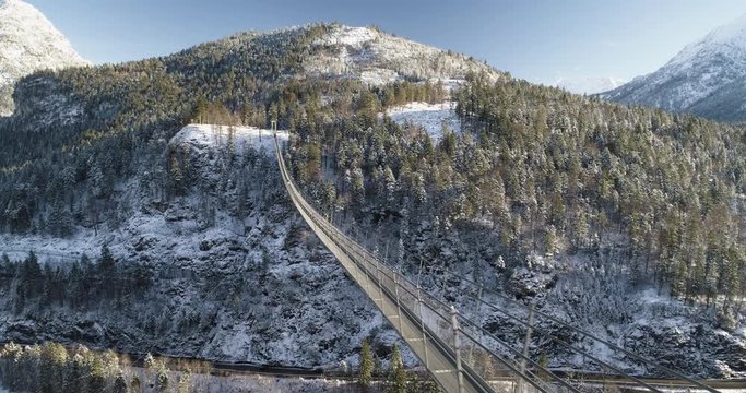 Aerial perspective of Highline 179 traversing Austrian mountains