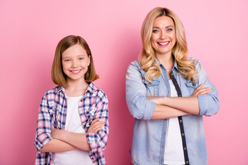 Nice pretty cheerful mom her small daughter cross hands feel optimistic decide work job solution teamwork decisions wear denim jeans checkered plaid shirt isolated pastel color background