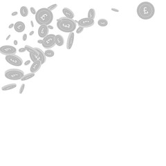 British pound coins falling. Scattered black and w