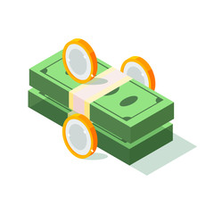 Set Of Money Banknotes And Coin. Isometric Design. Stack of cash symbol flat style isometric illustration. Gold coins with dollar sign. Vector Illustration