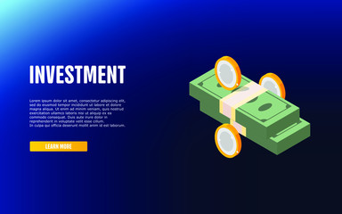 Return on investment isometric landing page. Bills around, invest fund increase money finance business 3d vector illustration, web banner