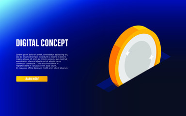 Digital banking online, isometric icon of falling coin, electronic internet purse, financial management online service accumulation and investment of funds. EPS10