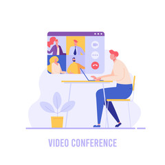 Man communicating via online video conference. Online meeting. Concept of work from home, chatting with friends, group video chat. Vector illustration in flat design for UI, banner, mobile app