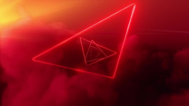 Neon triangles in red cloud's. Seamless loop 4k animation.