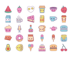 Kawaii food cartoons line and fill style icon set vector design