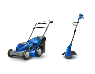 blue electric lawn mower lawn mowing machine.