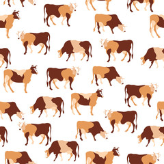 Seamless pattern. Herd of cows. Cow silhouette made of multi-colored segments.