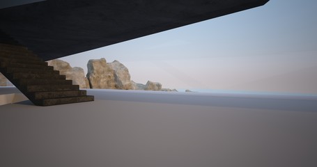 Abstract architectural minimalistic background. Modern villa made of black concrete. Сontemporary interior design. View near the stairs to the balcony and the sea. 3D illustration and rendering.