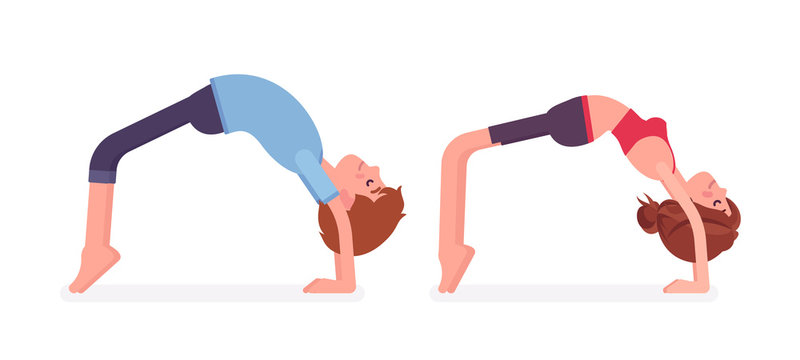 Young yogi man and woman in sports wear practicing yoga, partners doing Bridge pose, Urdhva Dhanurasana exercise, stress-free yogic practice. Vector flat style cartoon illustration, side view