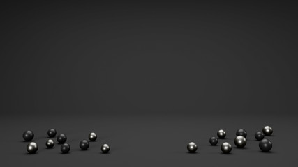 Black dark room, beautiful beads, sphere in silver, pearl black shiny colors, different sizes, textures. Minimal interior studio design with space for text, 3d illustration. Minimalist background.